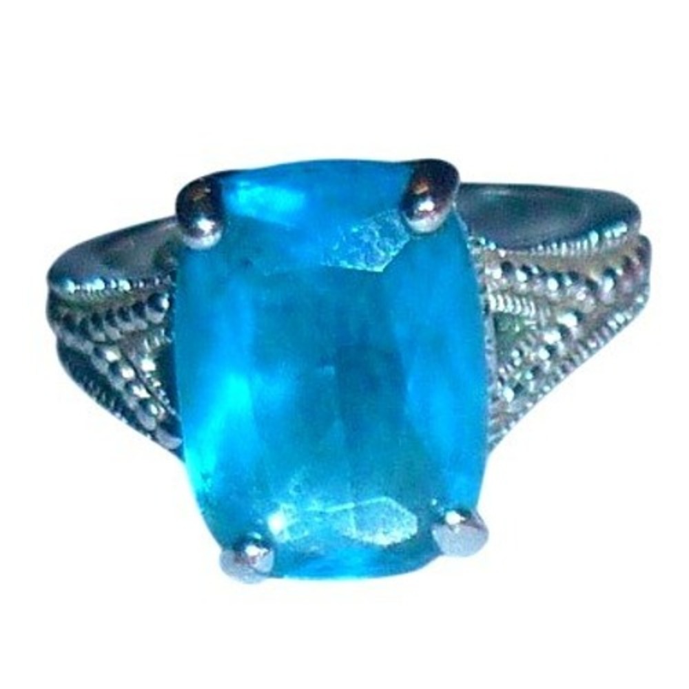 Vintage  Sterling Silver‎ Swiss Blue Topaz Emerald Cut Split Shank Ring Size 6.5